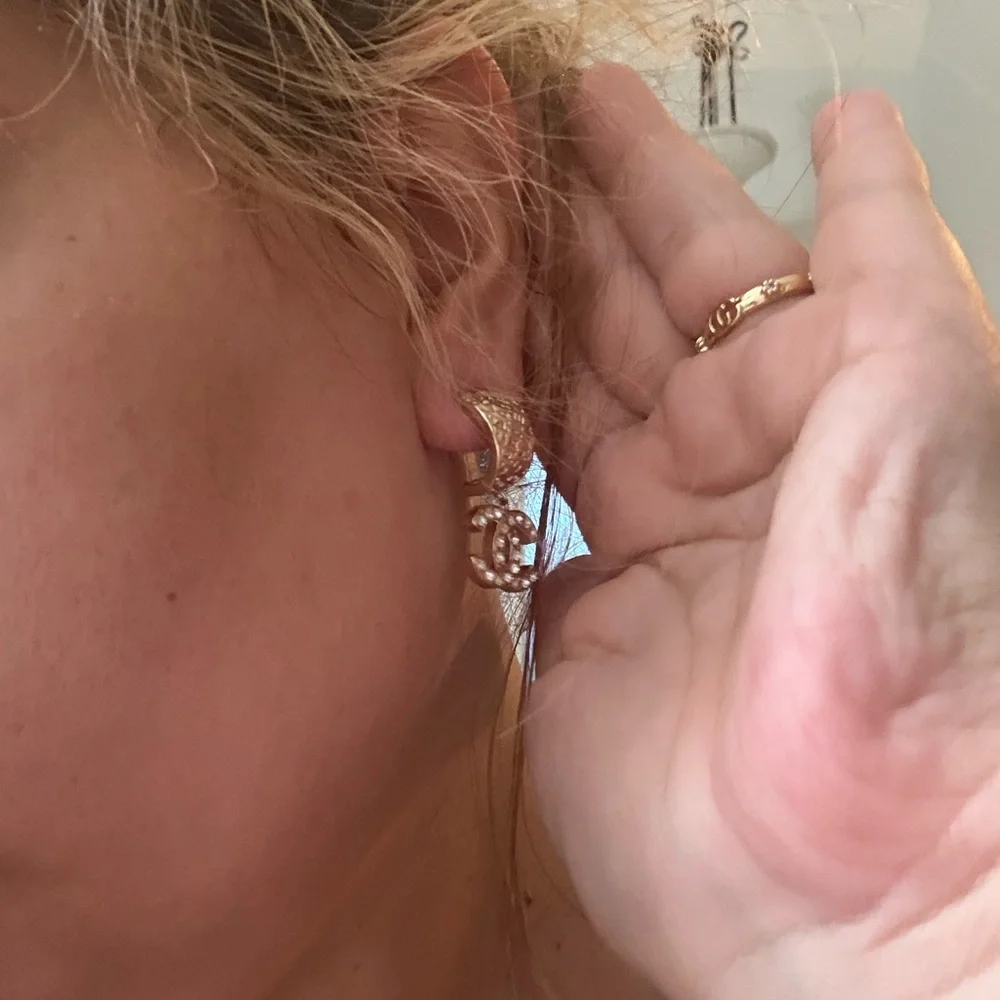 Naw upcycled Chanel Gold with rhinestone Crystal Logo Earrings - Picture 9 of 9